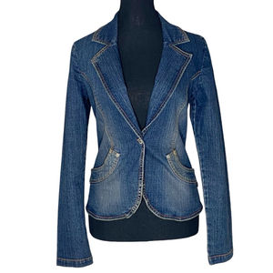 FIRST KISS Fitted Jean Jacket Denim Y2K Faded Denim Distressed Buttons Sz Small
